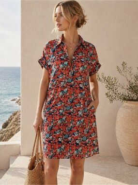 LK Bennett Red Blue Floral Summer Shift Dress size 4